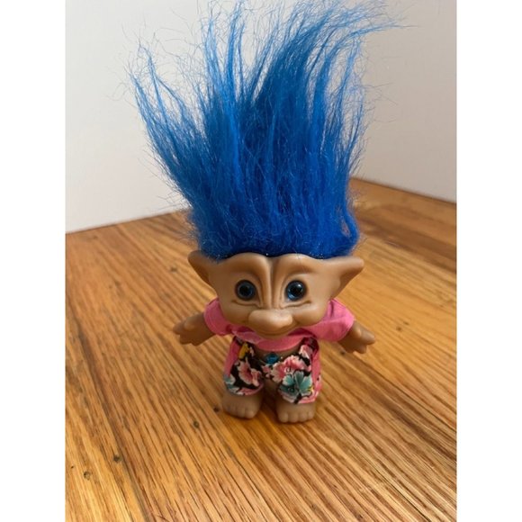 Vintage Blue Hair + Blue Star Belly Jewel Ace Novelty Co Troll with Pink Floral - Picture 1 of 6